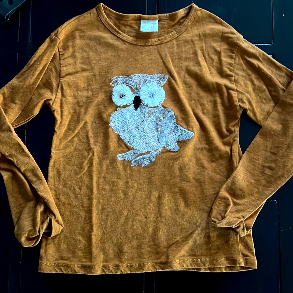 Zara girls owl sequin long sleeve fall tee size 7